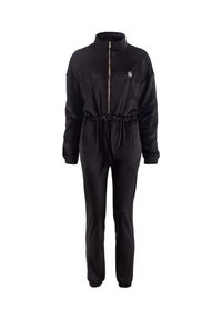 Mustast veluurist pika varrukaga kombekas esiluku, elastse vöökoha ja mansettidega ning vasakul rinnal väike tikitud logo.