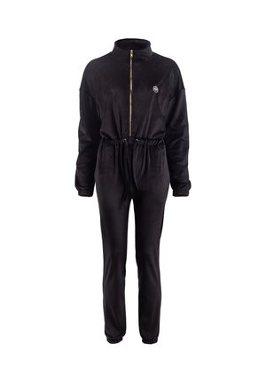 Zwarte velourse jumpsuit met lange mouwen, voorrits, elastische tailleband en manchetten, en een klein geborduurd logo op de linkerborst.