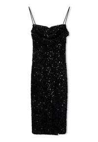 Czarna midi sukienka z cekinami, z cienkimi ramiączkami i drapowanym dekoltem na białym tle.