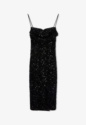 Abito midi nero in paillettes con spalline sottili e scollatura drappeggiata su sfondo bianco.