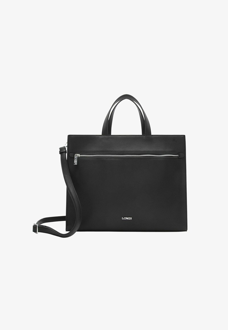 Borsa a mano in pelle nera con forma rettangolare, manici doppi, tracolla removibile e tasca anteriore con zip. Design minimalista con dettaglio del logo.