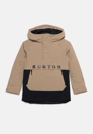 Chaqueta tipo pulóver Burton en color marrón claro y negro, con capucha, bolsillo frontal y mangas largas, mostrada sobre un fondo blanco.