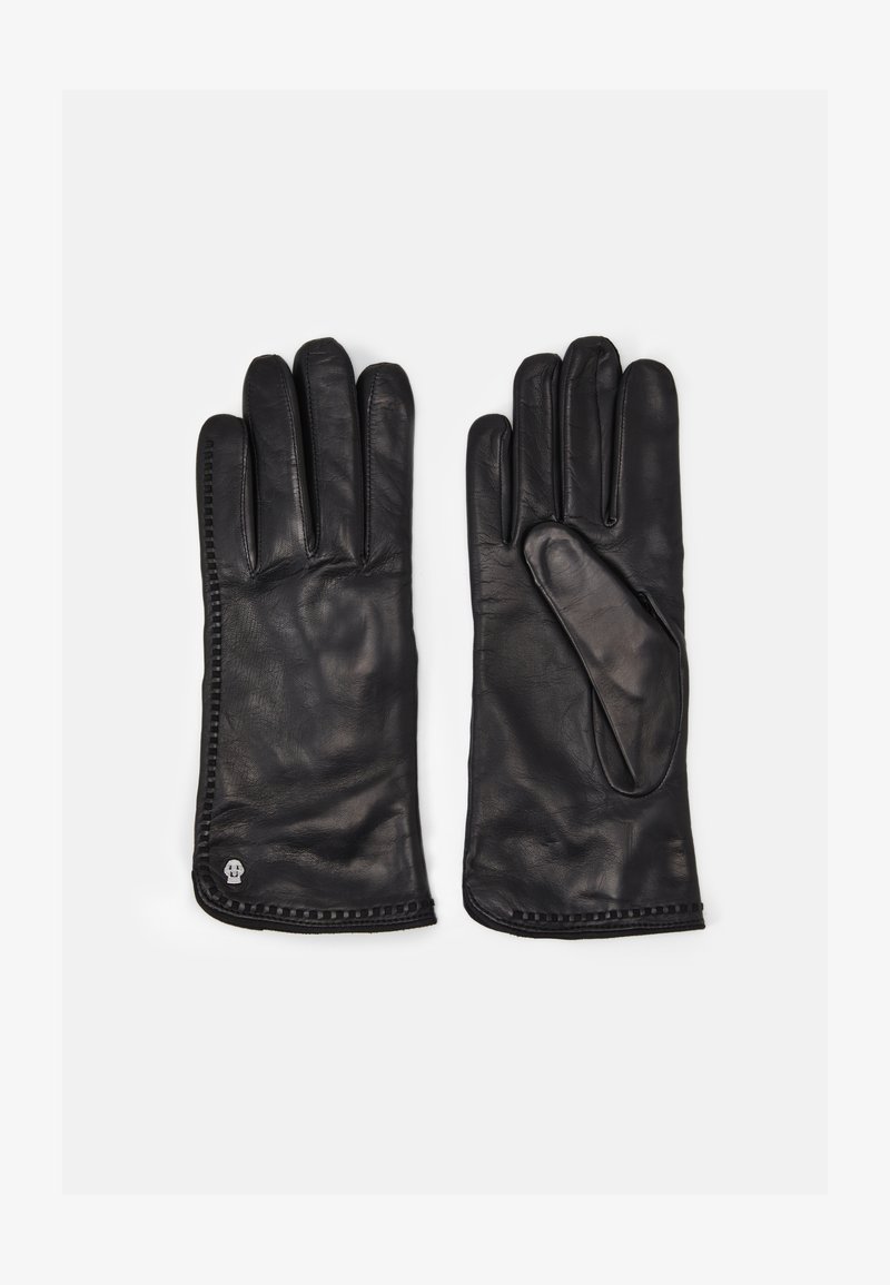 Schwarze Lederhandschuhe mit glatter Oberfläche, fünf Fingern, tailliertem Design und einem kleinen Logoakzent nahe dem Bündchen.