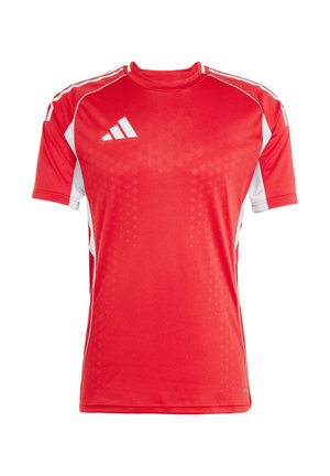 Rode sportieve shirt met witte accenten, korte mouwen, ronde halslijn en een gewoven patroon. Voorzien van het Adidas-logo op de voorkant.