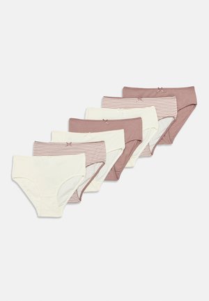 Lot de six culottes hipster en coton pour femmes en beige et marron clair, comprenant des couleurs unies et des motifs rayés, avec des accents de nœuds décoratifs.