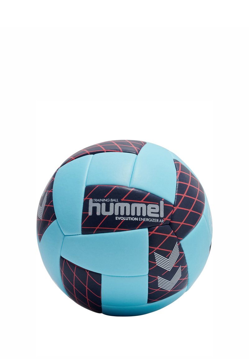 Träningsboll med en blå och marin design, texturerad yta och ett röd rutnätmönster med "Hummel Evolution Energizer AR"-logotyp.