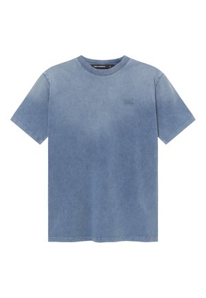 Short-sleeve, round-neck blue t-shirt with subtle fading and a small embroidered "KARL" logo on the left chest.