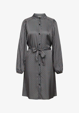 Pikkade varrukatega kleit tumedas mustris, millel on krae, nööpidega eesosa ja vöö, millel on mahedates värvides geomeetriline muster.