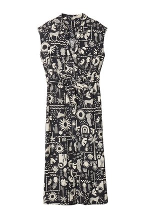 Abito nero senza maniche con vita alta legata, caratterizzato da fantasie grafiche bianche di animali, piante e forme astratte su tutta la stoffa.