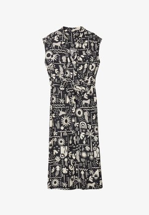 Abito nero senza maniche con vita alta legata, caratterizzato da fantasie grafiche bianche di animali, piante e forme astratte su tutta la stoffa.