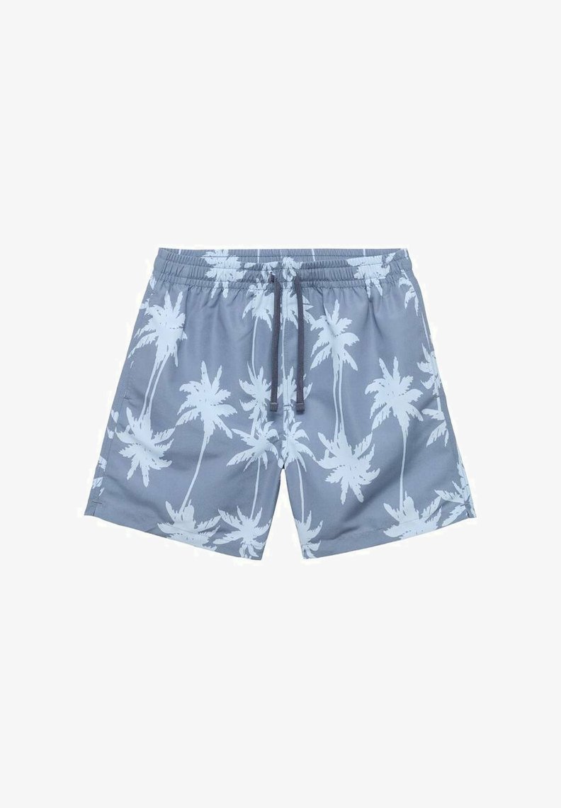 Men's swim shorts in light gray featuring a white palm tree print. Designed with an elastic waistband and drawstring for adjustable fit.