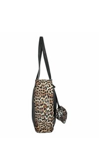 Leopardenmuster-Tasche mit schwarzen strukturierten Seiten, langen Trägern und einer passenden kleineren Tasche, die angebracht ist. Das Material scheint aus Kunstleder zu sein.