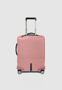 Zachte roze koffer met een gladde afwerking, uittrekbaar handvat en vier wielen. Voorzien van een ritssluiting en een zijhandvat voor eenvoudig transport.