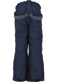 Donkerblauwe sneeuwbroeken met elastische tailleband en verstelbare grijze banden. Heeft zwarte accenten aan de onderkant en een gestructureerde stof voor extra warmte.