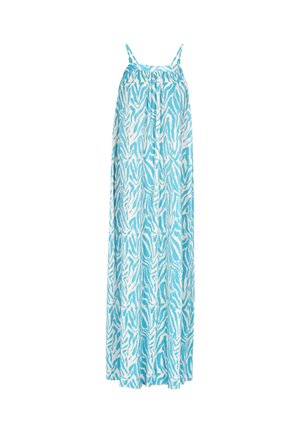 Maxikleidi peenikeste rihmadega, türkiissinise ja valge sebratriibulise mustriga, valmistatud kergest kangast voolava siluetiga.