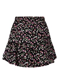 Schwarzer, ausgestellter Rock mit floralem Muster in Pink- und Grüntönen, elastischem Bund und geschichteter Rüschendesign.