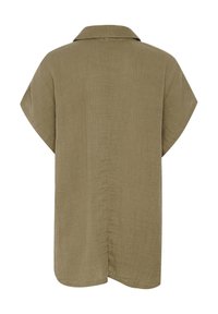 Olive green short-sleeve shirt with a collar, made of textured fabric. Features a relaxed fit and a straight hemline with a seam down the center.