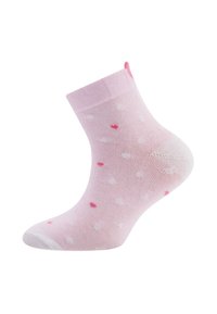 Rosa Knöchelsocke mit weißen Punkten und kleinen rosa Herzen, aus glattem Material, mit einem gerippten Bündchen und einem nahtlosen Zehenbereich.