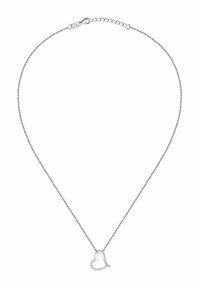 Collana d'argento con una delicata catena e un pendente a forma di cuore, adornato con piccole pietre, caratterizzato da una texture liscia e un design minimalista.