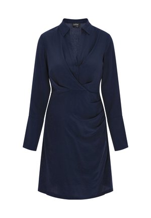 Námornícky modré zavinovacie šaty s golierom, dlhými rukávmi, predným zapínaním na gombíky a bočným zúžením. Hladká textúra a dizajn po kolená.