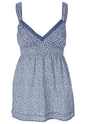 Blå ærmeløs kjole med hvidt blomsterprint, V-udskæring med blondekant og indsnævret talje.