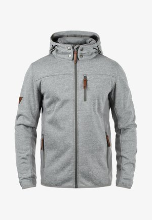 Gray fleece jacket with a zip closure, two side pockets, and a chest pocket. Features a hood, faux leather accents, and contrasting panels.