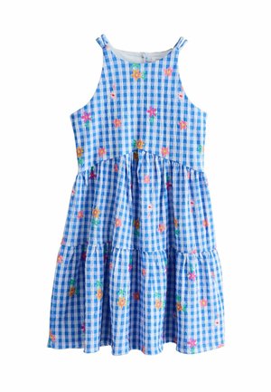 Blue and white gingham dress with floral embroidery, tiered skirt, and spaghetti straps. Made from lightweight fabric, features a back closure.