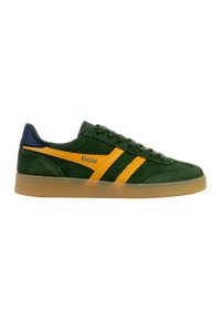 Green suede sneakers featuring yellow stripes and a blue heel. Lightweight design with a gum sole, emphasizing retro styling and comfort.