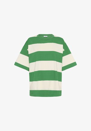 Zielono-kremowa, w paski, oversize'owa koszulka z okrągłym dekoltem i krótkimi rękawami, wykonana z miękkiej bawełny.