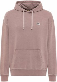 Hooded sweatshirt in soft, dusty rose fabric with a kangaroo pocket; features a small brand logo on the chest and ribbed cuffs and hem.