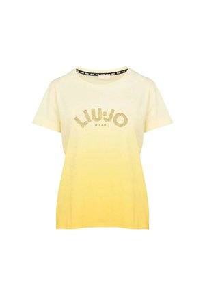 T-shirt di cotone giallo con gradiente, maniche corte, con logo "LIU•JO" in strass. Collo a giroconto con etichetta nera a contrasto all'interno.