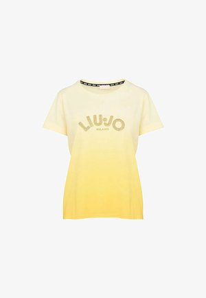 T-shirt di cotone giallo con gradiente, maniche corte, con logo "LIU•JO" in strass. Collo a giroconto con etichetta nera a contrasto all'interno.