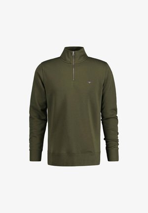 Felpa verde oliva con zip a quarto realizzata in tessuto morbido, caratterizzata da maniche lunghe, orlo a costine e un piccolo logo ricamato sul petto.