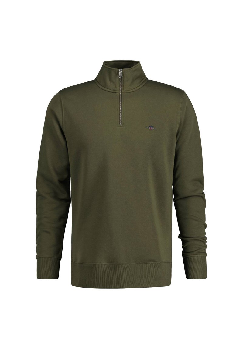 Oliven grønn kvart-zip sweatshirt laget av mykt stoff, med lange ermer, ribbestrikket kant og en liten brodert logo på brystet.