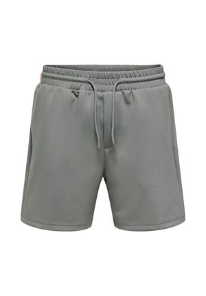 Gray elastic waist shorts with adjustable drawstring and side pockets, designed for casual or athletic wear.