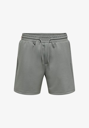 Gray elastic waist shorts with adjustable drawstring and side pockets, designed for casual or athletic wear.