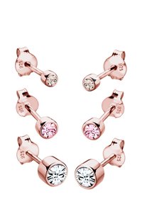 Orecchini a bottone in oro rosa con quattro set di cristalli rotondi in tonalità chiare e rosa, con una finitura liscia e marcati '925'.