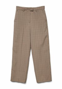 Beige kostkované kalhoty s volným střihem, s rovnými nohavicemi, poutky na opasek a bočními kapsami. Vyrobeno ze lehkého materiálu.