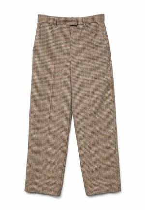 Pantalons à carreaux beiges avec une coupe ample, présentant une jambe droite, des passants de ceinture et des poches latérales. Fabriqués dans un tissu léger.