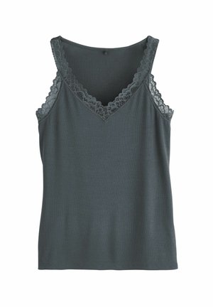Graues geripptes Tanktop mit V-Ausschnitt, mit gewelltem Spitzenbesatz am Hals und an den Schultern, aus elastischem Stoff gefertigt.