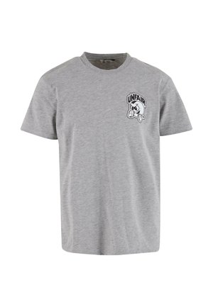 T-shirt grigia a maniche corte in cotone con colletto rotondo, caratterizzata da una stampa nera con la parola "UNFAIR" e un personaggio dei cartoni animati.