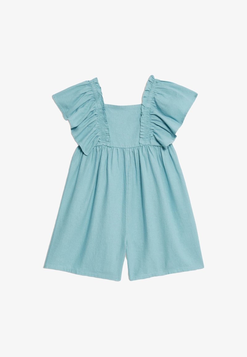 Combinaison enfant bleu clair avec larges manches courtes à volants et encolure carrée sur fond blanc.