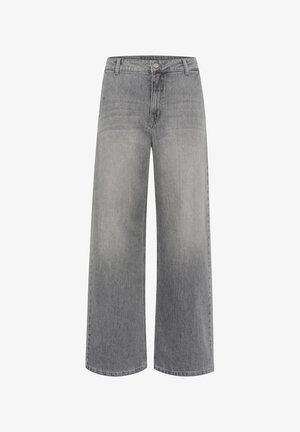 Szerokie spodnie dżinsowe w wyblakłym szarym denimu. Posiadają klasyczny pięciopocketowy fason oraz zapięcie na guziki z przodu.