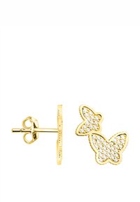 Guld fjärilsstuds med klara kristaller, med en detaljerad vingdesign och en texturerad baksida för säker bärning.