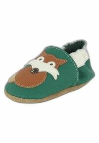 Grüner Leder-Babyschuh mit einem braunen Fuchs-Gesicht-Design. Verfügt über eine weiche Sohle und einen elastischen Einstieg für bequemes Anziehen. Mit strukturiertem und detailliertem Nähen.