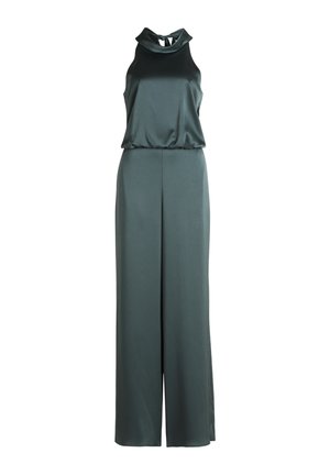 Mørkegrøn jumpsuit med ærmeløst design, høj hals og sløjfe-lukning, lavet af et glat, struktureret stof. Bred benpasform.