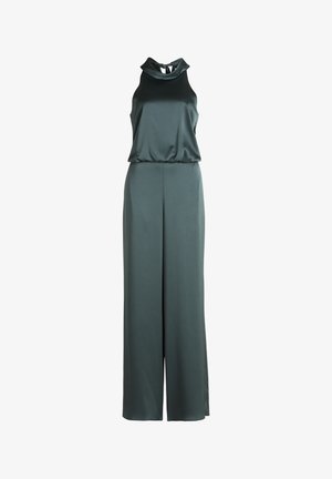 Mørkegrøn jumpsuit med ærmeløst design, høj hals og sløjfe-lukning, lavet af et glat, struktureret stof. Bred benpasform.