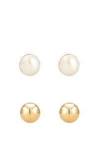 Pearl and gold stud earrings. Top pair features smooth white pearls; bottom pair has glossy gold spheres. Gold hardware settings attach each.