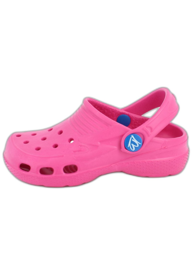 Pink clogs made of lightweight flexible material with ventilation holes, back strap, and embossed design on the upper. Blue branding detail.