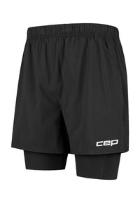 Pantalones cortos deportivos negros con cinturilla elástica y capa de compresión interior. Cuenta con bolsillos laterales y el logo "cep" en la parte inferior de la pierna.